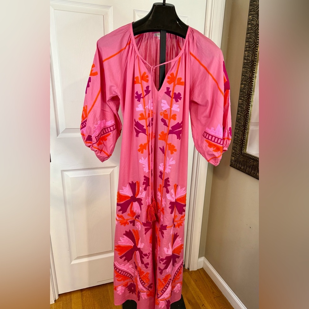 Debbie Katz Pink Embroidered Maxi Caftan Dress Boho Resort Wear
